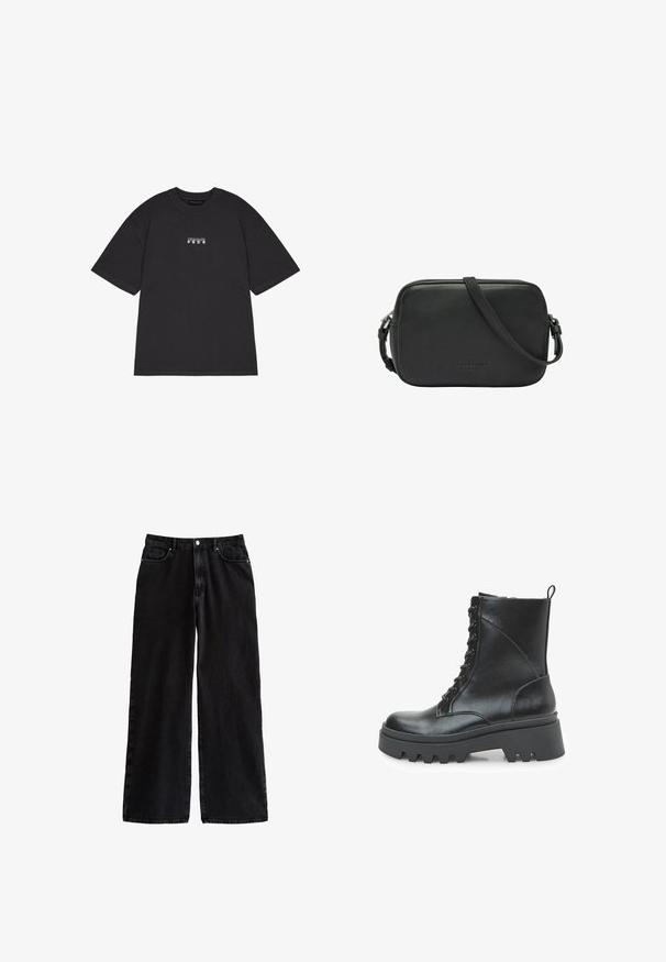 Camiseta de algodón negra de manga corta, con un pequeño texto gráfico blanco que dice "PEGAIDOR PGDR" en la parte delantera. Diseño simple de cuello redondo.; Pantalones de denim negros de pierna ancha con una cintura alta, que cuentan con un clásico diseño de cinco bolsillos y un cierre de botón, fabricados con una resistente tela de algodón.; Botín de piel negra con diseño de cordones, suela gruesa tipo plataforma y detalles texturizados en los laterales. Cuenta con una lengüeta para tirar en la parte trasera.; Bolso cruzado de cuero rectangular negro con correa ajustable y sutil logo de la marca en relieve en el frente.