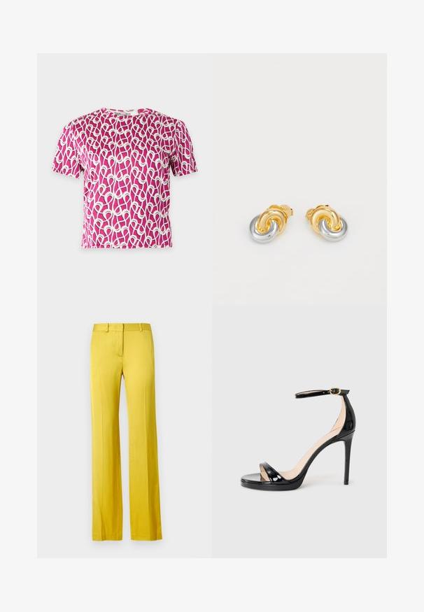 Crop top à manches courtes avec motif abstrait en boucle rose et blanche et encolure ronde sur fond blanc.; Pantalon à jambes larges de couleur jaune vif, en tissu lisse. Comprend une poche frontale et une ceinture cintrée pour un look structuré.; Sandale à talon haut en cuir verni noir avec une bride de cheville et une boucle dorée, bout ouvert et talon stilettos fin, sur un fond uni.; Boucles d'oreilles en or et en argent en forme de nœud avec des surfaces lisses et une finition polie, dotées d'un fermoir sécurisé pour un port confortable.
