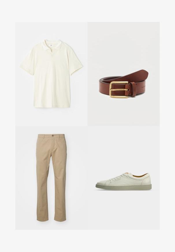 Polo color crema con cuello clásico, mangas cortas y una ligera abertura en forma de V en el escote. Textura suave y diseño minimalista.; Chinos beige con un diseño de pierna recta, confeccionados en tela de algodón, que presentan un único botón delantero y una cinturilla estándar con pasadores para el cinturón.; Zapatilla blanca de piel de caña baja con suela beige, cordones laterales y detalles de costuras mínimas, mostrada sobre un fondo liso gris claro.; Cinturón de cuero marrón con hebilla rectangular dorada, enrollado sobre un fondo blanco liso.