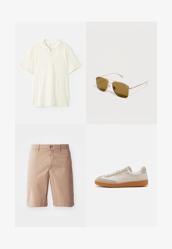 Polo crème avec un col classique, des manches courtes et un léger décolleté en V. Texture lisse et design minimaliste.; Shorts en coton beige avec une coupe droite, présentant une fermeture à bouton à l'avant et des passants de ceinture. Texture lisse avec des détails de couture minimalistes.; Baskets basses blanches et beiges avec semelle en caoutchouc, lacets blancs, détails en daim et logo doré "Paul Smith" sur le côté.; Lunettes de soleil en métal doré avec des verres marron, de forme carrée, des détails fins sur les branches et un pont nasal pour un maintien sûr.