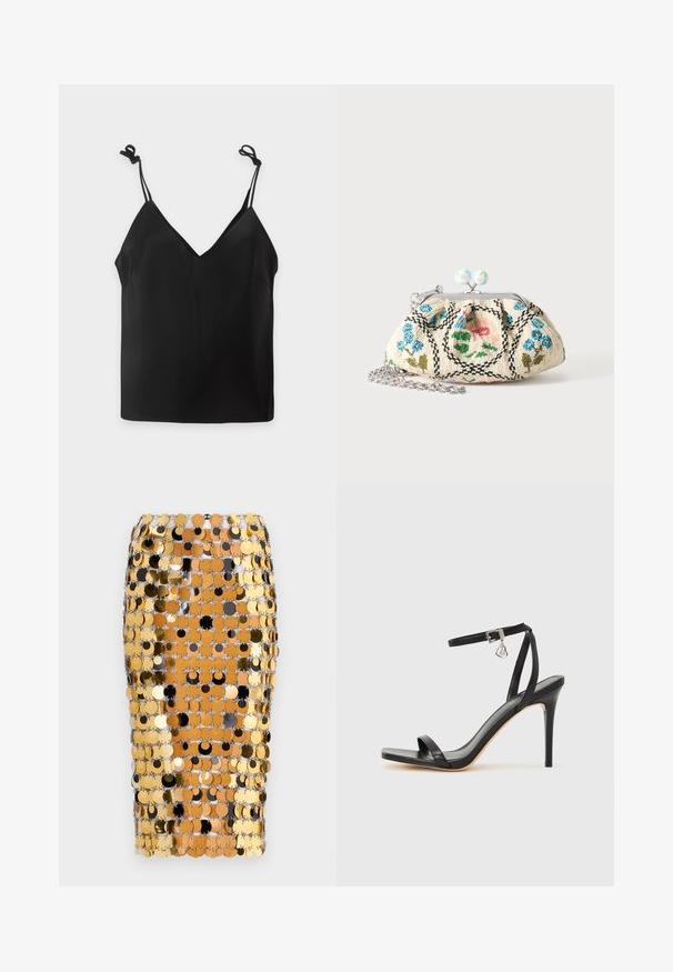 Sort ærmeløs cami-top med tynde justerbare stropper bundet i sløjfer på en ensfarvet lys baggrund.; Rabanne Pencil skirt - brown/black; Sort hæl-sandal med smal ankrem, firkantet tå-boks, glat lædermateriale og metalspænde som pynt.; Lille stofpung med blomsterperlebroderi, metalramme og sølvkæde på en ensartet lys baggrund.