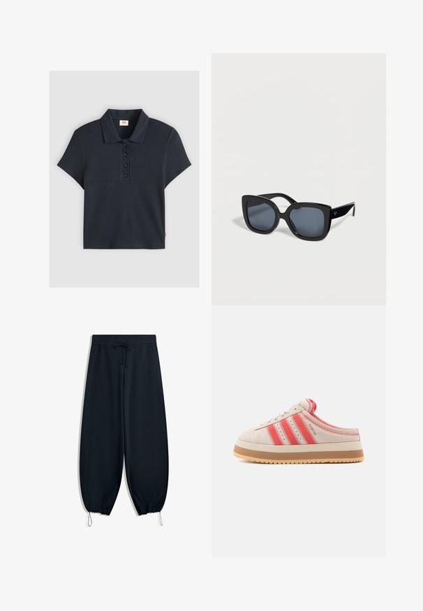 Schwarzes, kurzärmeliges, geripptes Poloshirt mit vier Knöpfen und einem umgeschlagenen Kragen, flach auf einem hellen Hintergrund liegend.; Schwarze Jogginghose aus weichem Material mit elastischem Bund und Kordelzug, schmal zulaufenden Beinabschlüssen und seitlichen Eingrifftaschen.; Beiger Wildledersneaker mit roten horizontalen Streifen, rundem Zeh und dicker weißer Sohle. Ösenleiste und Akzente in Rot mit strukturierter Oberfläche.; Schwarze übergroße quadratische Sonnenbrille mit dunkel getönten Gläsern und schlanken Bügeln auf hellem Hintergrund.
