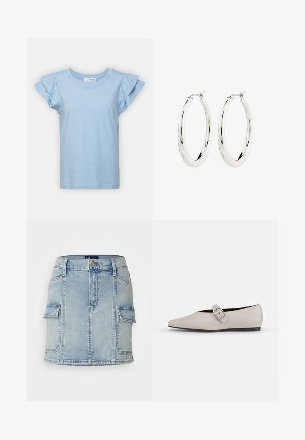 Selected SLFCAMILA RUFFLE TEE - T-shirts basic - sky blue; Lysblå denim-nederdel med to forreste cargo-lommer, knap- og lynlåslukning samt lige form. Slidestruktur over hele nederdelen.; Beige læder flad sko med spidse tæer, en sidelukning som accent og en lav sort sål. Glat tekstur og minimalistisk design.; Sølvøreringe i form af hoops med en glat, blank finish. Cirkulær form, der har en sikker lås. Simpelt og elegant design.