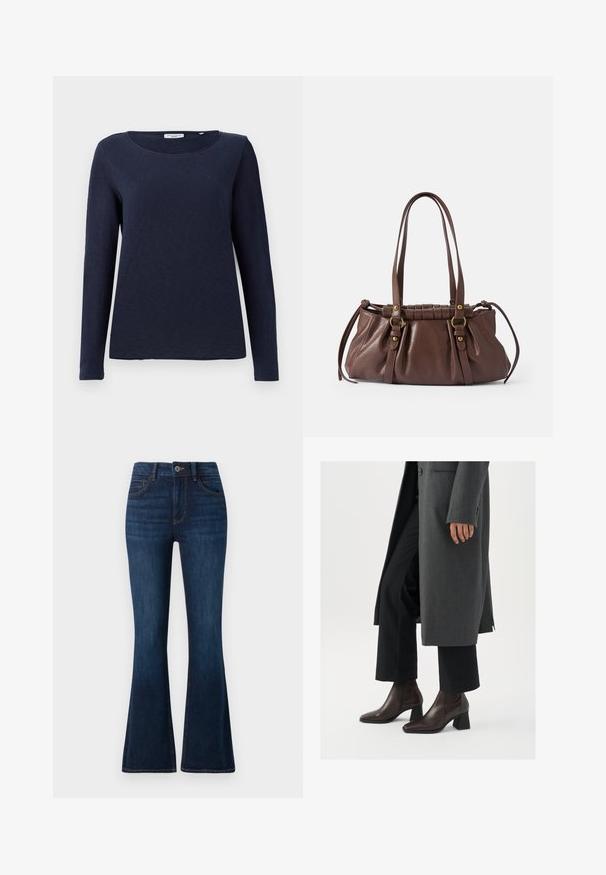 Navy lange mouwen t-shirt, ronde halslijn, zachte stof, ontspannen pasvorm, geen zichtbare patronen of versieringen, eenvoudige en gladde textuur.; TOM TAILOR STELLA donkerblauw denim; Hogehakige enkellaarsjes van donkerbruin leer met een spitse neus en blokhak, gecombineerd met zwarte broeken en een grijze jas.; Bruine leren handtas met twee lange handvatten,Gathered ontwerp, gouden hardware accenten en een gestructureerde afwerking.