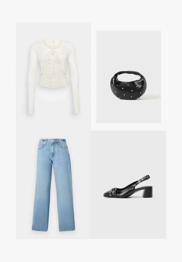 Suéter blanco de manga larga con escote redondo, tejido texturizado, cierre frontal con lazo y dobladillo ondulado que presenta pequeños patrones florales.; Jeans de pernera ancha de color azul claro, confeccionados en denim, con una cintura alta, diseño de cinco bolsillos y cierre de botón con cremallera.; Tacón slingback de cuero negro con punta afilada, correa texturizada con acentos metálicos circulares y tacón cuadrado apilado.; Bolso de mano de cuero negro con forma redondeada, decorado con detalles de tachuelas plateadas y un asa corta. Textura lisa y cierre con cremallera.