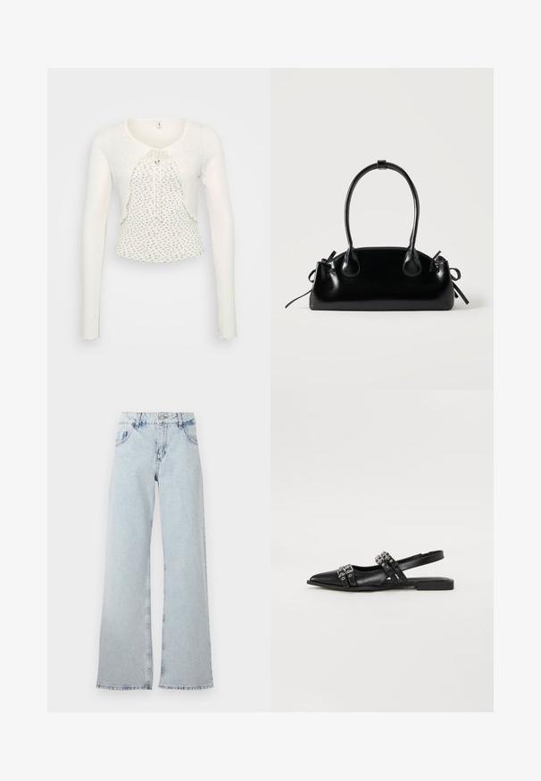 Weißer Pullover mit langen Ärmeln und rundem Halsausschnitt, strukturiertem Stoff, Frontknotenverschluss und gewelltem Saum mit kleinen Blumenmustern.; Hellblaue weite Jeans aus Denim, mit hoher Taille, Gürtelschlaufen, fünf Taschen und ausgebleichten Bereichen für einen Vintage-Look.; Even&Odd by Zalando Sling-Ballerina - black; Kleine schwarze glänzende Handtasche mit zwei langen Griffen und seitlichen Kordelzug-Details vor einfachem hellem Hintergrund.