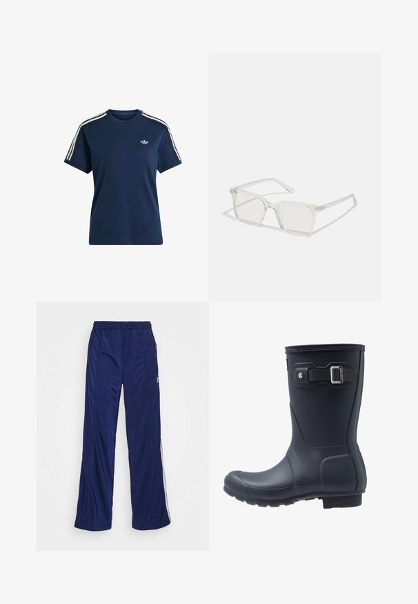 Navyblauw Adidas T-shirt met korte mouwen, witte drie-strepen details op de schouders en een klein logo op de linkerborst.; Marine blauwe sportbroeken met een elastische tailleband, rechte pijpen en zijritsen. Heeft witte piping langs de zijkanten. Soepele stofstructuur.; Zwarte rubberen regenlaars met een ronde neus, textuurzool en verstelbaar riempje. Gladde oppervlakte met een matte afwerking.; Heldere plastic vierkante monturen met doorzichtige glazen, gekenmerkt door gouden accenten op de slapen voor extra detail.