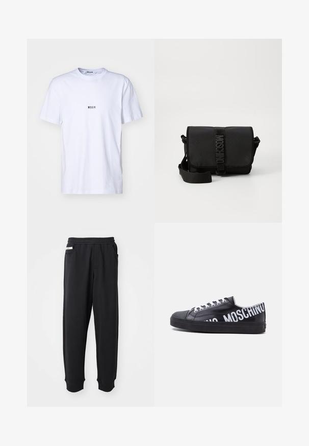 T-shirt blanche en coton avec un col rond, des manches courtes et un petit logo noir "MSGM" imprimé sur le devant. Texture lisse.; Pantalons de survêtement noirs en tissu doux, avec une taille élastique, des poches latérales et des poignets côtelés aux chevilles. Design minimaliste.; Baskets basses noires avec lacets blancs et texte blanc gras "MOSCHINO" entourant le talon et le côté.; Sac bandoulière noir en nylon avec rabat, doté d'une fermeture à bande logo proéminente, d'une bandoulière réglable et de détails de surpiqûres sur les côtés.