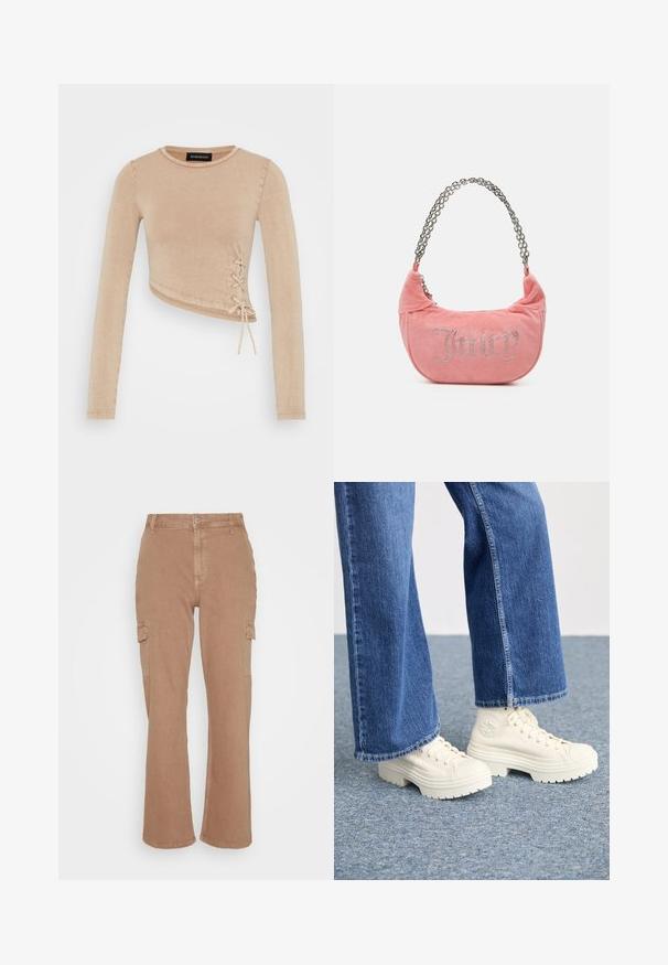 Langarmcroptop in lichtbeige, met een detail van veterbinding aan de zijkant. Gemaakt van zachte stof met een gladde textuur en een ronde hals.; Hollister Co. PORTABELLA CARPENTER DAD - Relaxed fit jeans - brown; Witte hoge sneakers met dikke, geribbelde zolen en ronde logo-detail, gedragen met lichtblauwe, wijde denim jeans.; Juicy Couture KIMBERLY SMALL SET - Handtas - pink