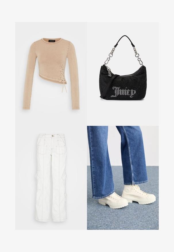 Top corto de manga larga en beige claro, con detalle de cordones en el lateral. Fabricado en una tela suave con una textura lisa y cuello redondeado.; BDG Urban Outfitters Vaqueros boyfriend - white; Zapatillas deportivas blancas de caña alta con suelas gruesas y estriadas, y detalle de logo circular, combinadas con jeans de mezclilla de pierna ancha en azul claro.; Bolso negro con adornos de strass, de forma curvada y con un asa de cadena plateada. Presenta un zipper y el logo "Juicy" en blanco.