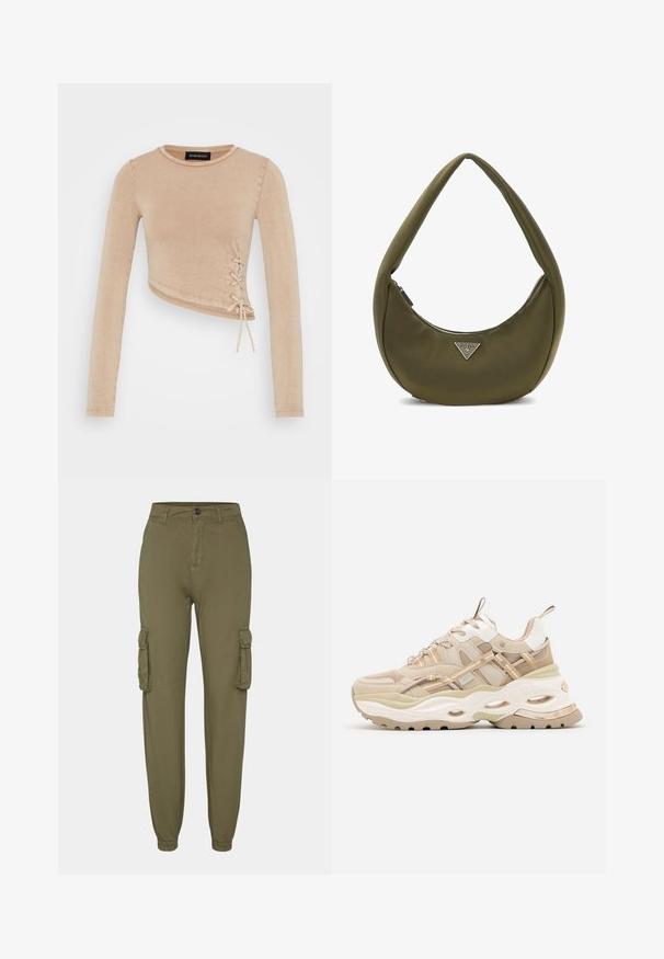Langærmet cropped top i lys beige, med snørebåndsdetaillering i siden. Fremstillet af blødt materiale med en glat tekstur og rund halsudskæring.; Olivengrønne cargo bukser lavet af blødt stof, med to sidelommer, elastiske manchetter og lukning med frontknap.; Beige og hvide chunky sneakers med tyk sål, mesh- og læderpaneler, ovale udskæringer i mellemsålen, trækstropper på tunge og hæl.; Olivengrøn hobo-taske med en glat tekstur, buet form og et sølvfarvet trekantet logo. Har en lynlåslukning og en blød, tykk skulderrem.