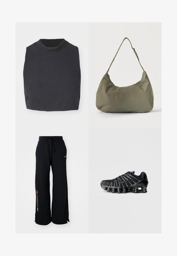 Top corto de canalé en azul marino oscuro, con un cuello alto y un sutil logo de Nike. La tela tiene una apariencia texturizada y elástica.; Pantalones deportivos negros de algodón, con cinturilla ajustable mediante cordón, aberturas en los costados del dobladillo y texto en contraste en naranja y blanco en una pierna.; Zapatilla deportiva negra con parte superior de malla texturizada y suela gruesa distintiva con secciones redondeadas. Cordones y talón reforzado para mayor soporte.; Bolso de hombro de tela suave color verde oliva con cierre de cremallera y correa ajustable sobre un fondo liso y claro.