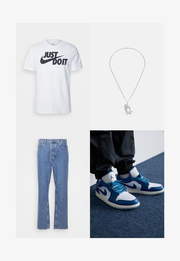 Valge puuvillane T-särk, millel on silmapaistev must "Just Do It" logo ja Nikei suss. Klassikaline ümmargune kaelus ja lühikesed varrukad.; Sinine denim teksapüksid sirge lõikega, viie-tasku disain, vöökohad ja nööbiga kinnitamine. Kanga viimistlus on pehme ja tekstuurne.; Nike Air Jordan tennisijalad on valge nahast alus siniste sünteetiliste detailidega, aukudega varbakoht ja sinised paelad.; Hõbedane ripatsikaelakee, millel on kaks kokku seotud kätt, riputatud peenesse ahelasse, millel on sile tekstuur.