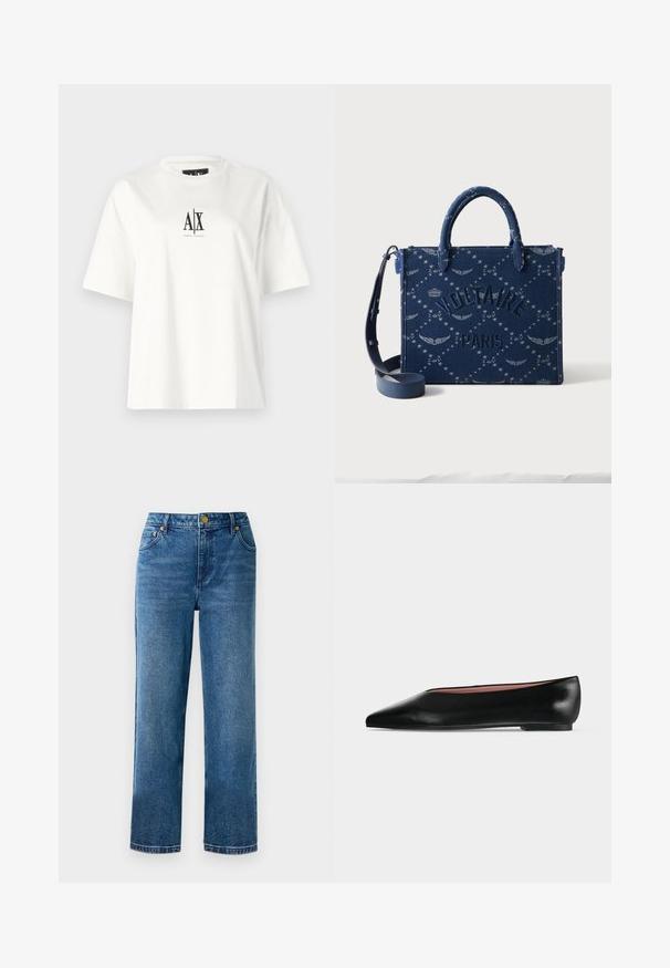 Weißes Baumwoll-T-Shirt mit kurzen Ärmeln, lockerem Schnitt und schwarzem Logo-Druck in der Mitte der Vorderseite. Glatte Textur, keine zusätzlichen Muster.; Blaue hochgeschnittene Jeans mit geradem Bein, aus Denim, mit fünf Taschen und goldfarbenen Hardware-Details.; Schwarzer flacher Damenleder-Schuh mit spitzer Kappe und niedrigem Absatz, von der Seite auf einfarbigem hellgrauem Hintergrund gezeigt.; Marineblaue Tragetasche mit doppelten Griffen, abnehmbarem Schultergurt, geprägtem "Voltaire Paris" und Stern- und Flügelmuster.