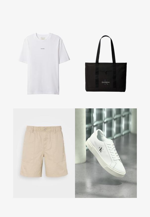T-shirt blanc en coton avec un col rond et des manches courtes. Présente un petit logo noir "Calvin Klein" centré sur la poitrine.; Shorts en coton beige avec taille élastique, bouton avant et deux poches latérales. Présente des coutures discrètes et un petit logo sur le côté.; Baskets blanches Calvin Klein avec lacets, présentées en suspension au-dessus d'un sol en béton poli et d'un mur en blocs de verre en arrière-plan.; Sac cabas noir Calvin Klein avec deux longues poignées et une poche avant, avec le logo de la marque en blanc et gris.