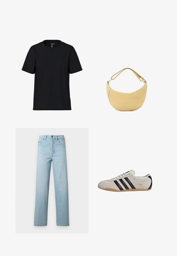 Schwarzes T-Shirt mit kurzen Ärmeln aus weichem Stoff und Rundhalsausschnitt. Einfaches Design ohne Muster oder Akzente, gerader Schnitt am Saum.; Hellblaue gerade geschnittene Jeans mit Knopf- und Reißverschluss vorne, Gürtelschlaufen und Fünf-Taschen-Stil auf weißem Hintergrund.; Wildledersneaker mit grauem Obermaterial, schwarzen Streifen und einer Gummisohle. Verfügt über einen Schnürverschluss und ein goldfarbenes Logodetail an der Seite.; Weiche beige Schultertasche aus Leder in Halbmondform mit verstellbarem Riemen und Reißverschluss mit silberfarbener Beschläge.