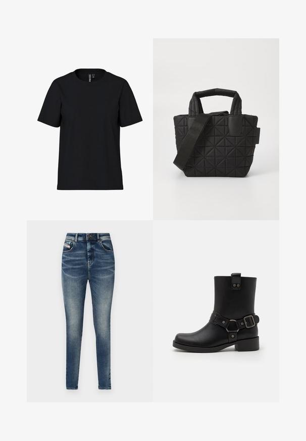 Camiseta negra de manga corta hecha de tela suave con escote redondo. Diseño simple sin patrones ni acentos, corte recto en el dobladillo.; Jeans de mezclilla azul oscuro con cintura alta, corte ajustado, cinco bolsillos y un lavado desvanecido con costuras en contraste y cierre de botón metálico.; Botín de cuero negro hasta el tobillo con punta cuadrada, tacón redondeado, tira decorativa y detalle de hebilla, y acentos metálicos. Textura suave.; Bolso de mano acolchado negro con un patrón geométrico, doble asas cortas y correa de hombro desmontable; hecho de tejido suave con acentos de cuero.