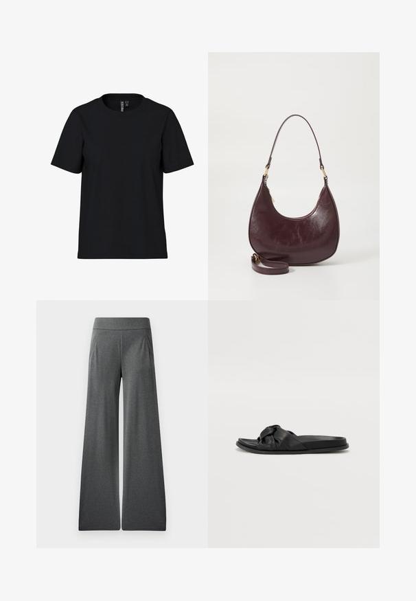 T-shirt noir à manches courtes en tissu doux avec un col rond. Design simple sans motifs ni accents, coupe droite à l'ourlet.; Pantalons larges gris avec une taille plate, des plis à l'avant et une texture lisse, conçus pour le confort et la liberté de mouvement.; Sandales à glissière noires avec tige en simili cuir nouée, semelle plate en caoutchouc et design élégant adapté à une tenue décontractée.; Sac à épaule en cuir bourgogne avec une forme incurvée, fermeture éclair et une sangle détachable. Présente une texture lisse et des accents en métal doré.