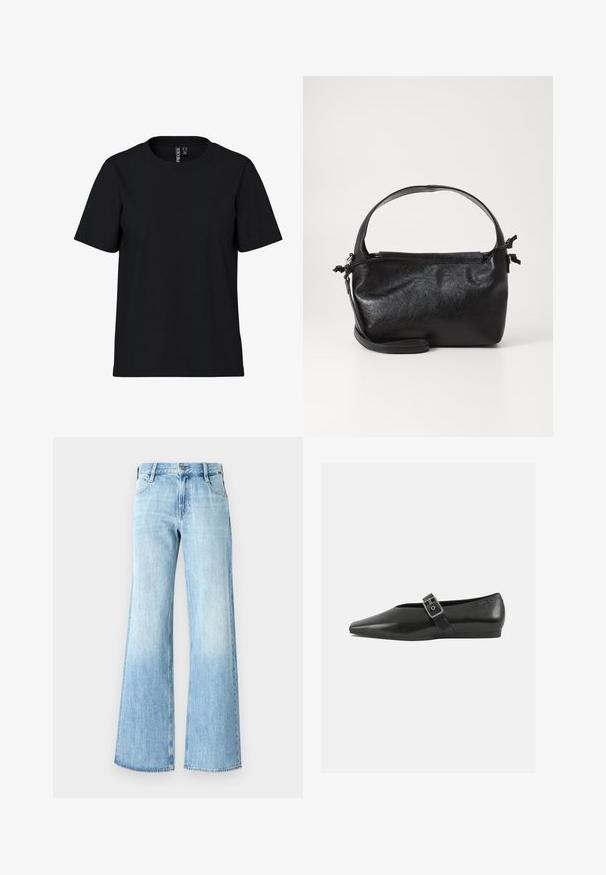 Schwarzes T-Shirt mit kurzen Ärmeln aus weichem Stoff und Rundhalsausschnitt. Einfaches Design ohne Muster oder Akzente, gerader Schnitt am Saum.; Helle blaue Denim-Jeans mit weitem Bein, hoch geschnitten, klassischer Fünf-Taschen-Design und Knopfverschluss, mit einer leichten Ausbleichung nahe dem Saum.; Schwarze Lederflachschuhe mit spitzem Zehenbereich, ausgestattet mit einem metallischen Riemen über dem Spann und einer niedrigen, flexiblen Sohle.; Schwarze Lederhandtasche mit strukturiertem Design, rundem Haltegriff und abnehmbarem Schulterriemen. Sie weist eine glatte Oberfläche und einen subtilen Glanz auf.