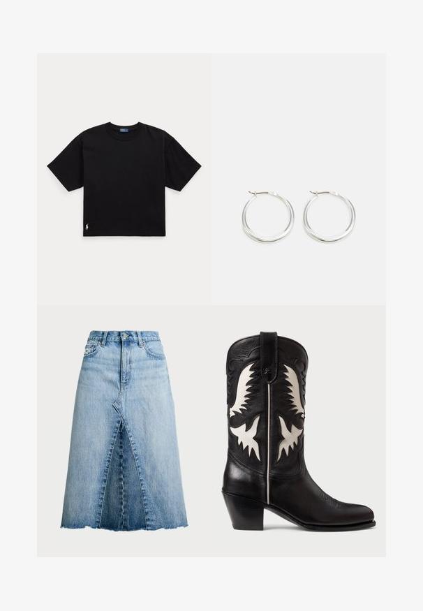Sort T-shirt med korte ærmer, rund hals og afslappet pasform med lille hvidt broderet logo nær nederste kant på ensfarvet baggrund.; Polo Ralph Lauren PANELED DENIM A LINE SKIRT - A-snit nederdel - lindale wash; Sorte læder cowboystøvler med hvide kantede detaljer, prydet med dekorativ syning, spidse tåer og en lav stablet hæl.; Sølv hoops øreringe har et glat, afrundet design med en slank profil og sikker spænde. Minimalistisk stil med en poleret finish.
