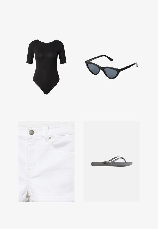Schwarzer körperbetonter Body mit kurzen Ärmeln, rundem Ausschnitt und hoch ausgeschnittenen Beinöffnungen auf weißem Hintergrund.; Weiße Denim-Shorts mit Metallknopf, Gürtelschlaufe, Fronttasche und aufgerolltem Saumdetail vor einfarbigem Hintergrund.; Flache graue Flip-Flop-Sandale mit strukturiertem Fußbett und dünnen Y-förmigen Riemen, von der Seite vor einem schlichten hellen Hintergrund gezeigt.; Schwarze Cat-Eye-Sonnenbrille mit dunkelgrauen Gläsern, schlankem Kunststoffrahmen, spitzen Ecken und geraden Bügeln. Keine sichtbaren Befestigungen oder Akzente.