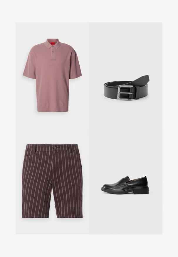 Polo à manches courtes rose pâle en tissu texturé. Comprend un col, deux boutons et un logo discret de la même couleur.; Shorts marron foncé avec fines rayures blanches verticales, fermeture à boutons, passants de ceinture et coupe ajustée.; Chaussure habillée noire en cuir, à enfiler, avec un petit talon et un logo Calvin Klein discret sur le côté, présentée de profil sur un fond blanc.; Ceinture en cuir noir enroulée avec une boucle métallique rectangulaire argentée gravée "BOSS" sur un fond gris clair.
