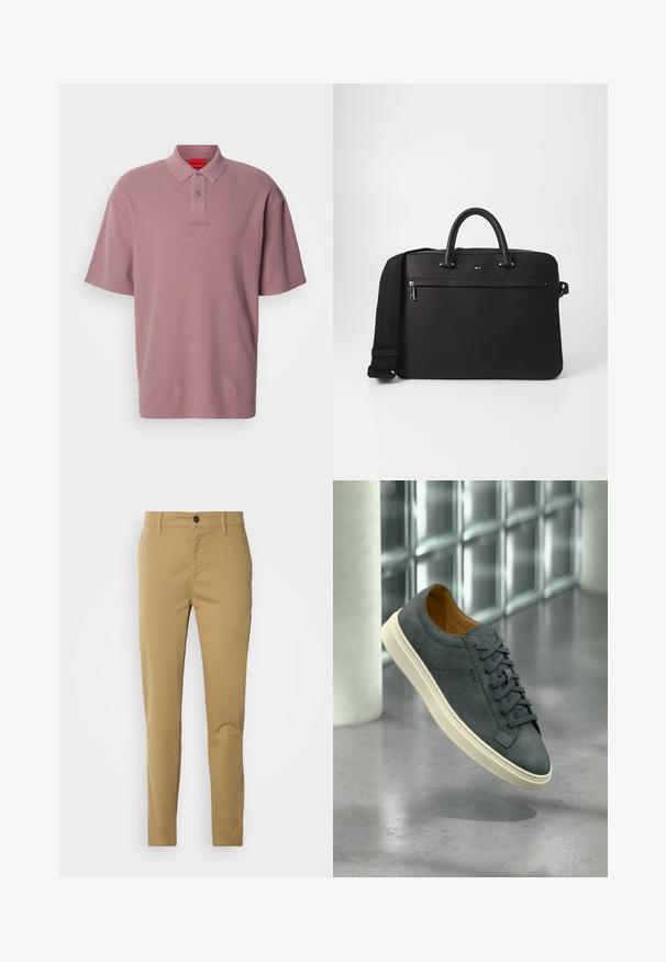 Kurzärmliges Polohemd in gedämpftem Pink, gefertigt aus strukturiertem Stoff. Verfügt über einen Kragen, zwei Knöpfe und dezent gestaltete Logodetails in passender Farbe.; Khakihosen aus Baumwolle. Slim-Fit-Design mit glatter Textur, Fronttaschen und einem einzigen Knopfverschluss an der Taille.; Dunkelgrauer Wildleder-Sneaker mit weißer Sohle und Schnürsenkeln, schwebend über einem polierten Betonboden in der Nähe einer Glasbausteinwand präsentiert.; Schwarze Lederhandtasche mit glatter Oberfläche, zwei oberen Griffen und einem abnehmbaren Schultergurt. Verfügt über eine Reißverschlusstasche vorne und ein Logodetail.