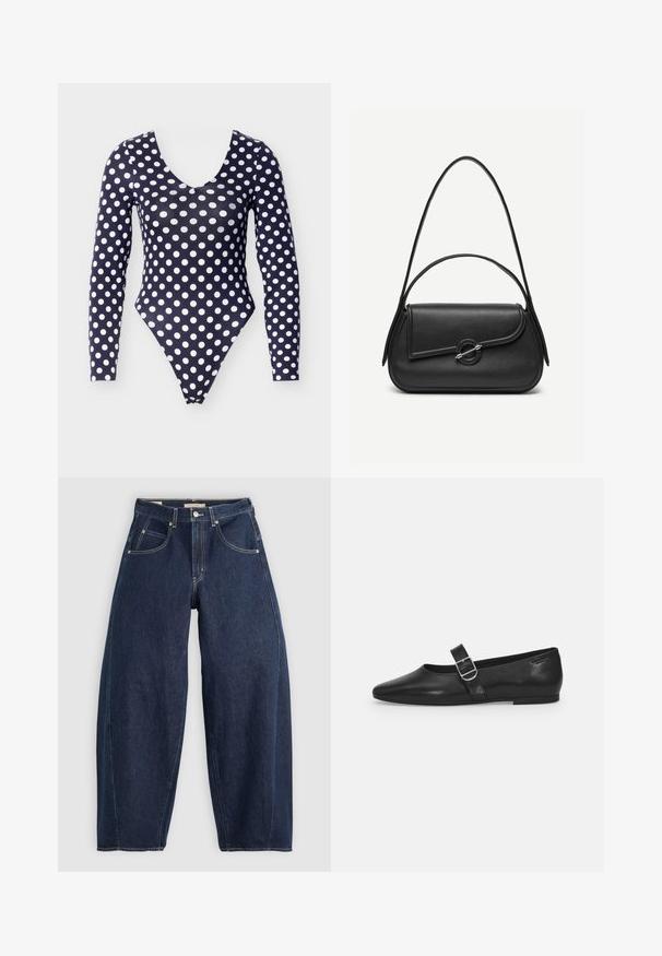 Marineblå bodystocking med lange ærmer og store hvide polkaprikker, der har en dyb V-udskæring og højt skåret ben. Glat, elastisk stof.; Mørkeblå denim jeans med løs pasform, lyse syninger, fem lommer og en knaplukning ved taljen.; Sorte læder flade sko med rund tå, et enkelt justerbart spænde og en glat, blank overflade. Minimalistisk design med en lav hæl.; Sort læderhåndtaske med afrundede kanter, asymmetrisk klap, metalcirkulært spænde samt både korte og lange skulderstropper.
