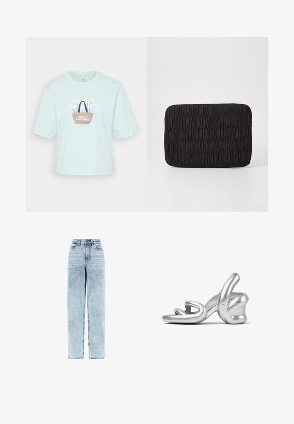 Camiseta de manga corta de color azul claro con un diseño bordado de cesta con flores y el texto "HOLA RAYO DE SOL". Material de algodón, corte relajado.; Vaqueros de mezclilla desteñida azul claro de talle alto, con corte de pierna recta, cierre frontal con botón y cremallera, y bolsillos delanteros.; Sandal de tacón alto plateado con un diseño escultórico, acabado metálico suave y un detalle único de correa retorcida en la parte frontal.; Clutch negro con bolsa fabricada en tela fruncida. Presenta una superficie texturizada con cierre de cremallera, forma rectangular y acabado mate suave.