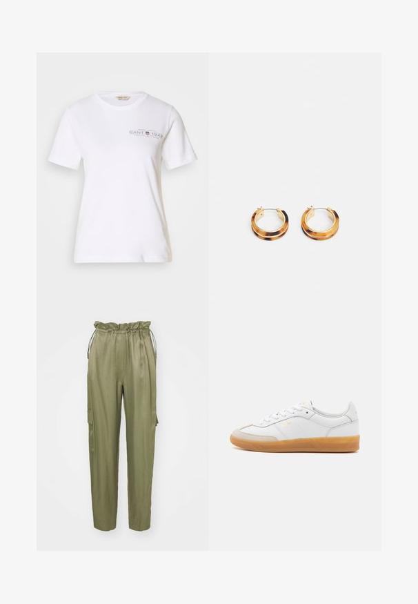 Camiseta de algodón blanca con mangas cortas y cuello redondo, con un logo y texto impresos en gris oscuro en la parte frontal. Textura suave.; Pantalones cargo verde oliva con cintura elástica ajustable y piernas taperadas, además de un bolsillo lateral de parche. Tela suave con un acabado mate.; Zapatilla de cuero blanca con acentos de ante beige, suela de goma y diseño de cordones. Presenta un sutil logo en dorado.; Pendientes de aro de carey con un acabado brillante, herrajes en tono dorado y un diseño de doble capa para mayor dimensión.