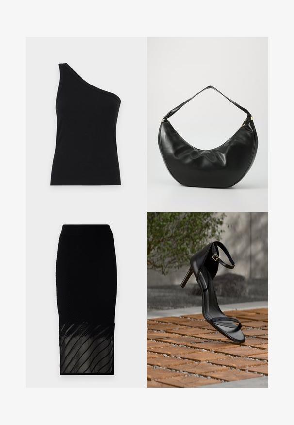 Ühe õla must ribakanga tank top, millel on vormikujundus ja pehme tekstuur. Omab puhtat, minimalistlikku lõiget ja sujuvat kaelust.; Must have ribidega must, millel on läbipaistev alumine osa ja horisontaalsed triibud. Kujundus on keha lähedal ja ulatub keskel sääre pikkuseni.; Mustad kõrge kontsaga sandaal pahkluu rihmaga näib rippuvat puidust plaatide põranda kohal õues, taustal udune rohelus ja kivimüür.; Mustast nahast õla kott, millel on kõver kuju, pehme tekstuur ja üks rihm; sisaldab kuldset tõmblukku ja peent brändimist.