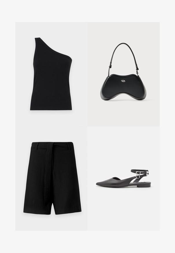 Schwarzes, geripptes Tanktop mit einem Schulterdesign, tailliert und aus einem weichen Material gefertigt. Es hat einen klaren, minimalistischen Schnitt und einen glatten Halsausschnitt.; Schwarze Leinenshorts mit hoher Taille, ausgestattet mit einem Stoffgürtel und seitlichen Taschen, glatte Textur und einer lockeren Passform.; Schwarze Lederflats mit spitzem Zeh, Knöchelriemen und Schnallen-Detail. Verfügt über einen kleinen, niedrigen Absatz und ein offenes Seitendesign.; Schwarze Handtasche aus Kunstleder mit einzigartiger geschwungener Form, kurzem Griff und einem silbernen Logodetail auf der Vorderseite. Glatte Textur, minimalistisches Design.