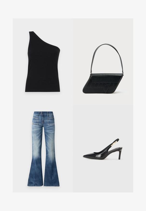 Løsningstanktop med en skulder i sort ribbet stof, der har et tætsiddende design og blød tekstur. Har en ren, minimalistisk skæring og en glat halsudskæring.; Udsvingede blå denimjeans med en lys til mørk gradient, to forlommer og lukning med knap. Har minimal syning og en glat overflade.; Sort læder slingback højhælede sko med spidse tæer, glat overflade og en smal ankelrem med guldfarvede hardware detaljer.; Sort skuldertaske i læder med trekantet form, præget logo og en enkelt justerbar rem. Minimalistisk design med glat tekstur.