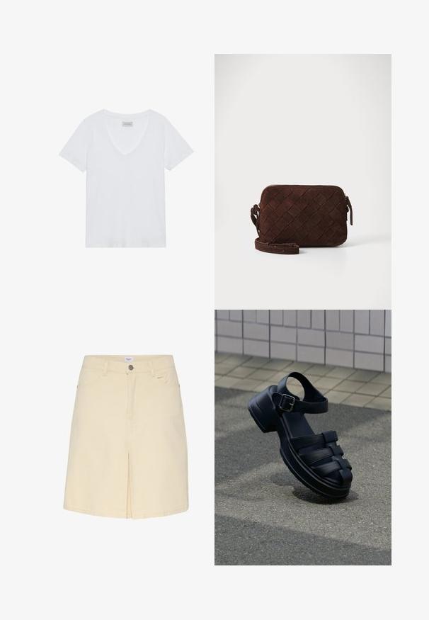 Hvid V-hals T-shirt med korte ærmer, lavet af blødt bomuldsstof. Enkelt design uden mønstre eller detaljer, med et mærke ved halsudskæringen.; Lys beige denimnederdel med slids foran, standard talje og klassisk fem-lommer design. Glat tekstur og minimalistisk stil.; Sort lædersandal med lukket tå, ankelrem, metalspænde, kraftig sål, hvilende på grå fortov nær flisebelagt væg.; Brun ruskind crossbody taske med et vævet design, lynlåslukning og en justerbar rem. Har en slank, rektangulær form.