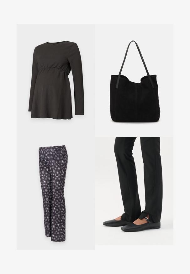 Haut de maternité noir à manches longues avec taille froncée et légère évasement sous la poitrine, fabriqué en tissu texturé.; Pantalons noirs avec un motif floral comportant de petites fleurs blanches et violettes. Fabriqués en tissu texturé, conçus avec une coupe droite.; Jambes vêtues d’un pantalon slim noir avec des fentes à l’avant de l’ourlet, assorties à des chaussures plates Mary Jane noires avec une petite bride à boucle.; Sac fourre-tout en suède noir avec deux longues anses en cuir plates. Présente un bord supérieur incurvé et des coutures visibles sur le devant. Pas d'accents en métal.