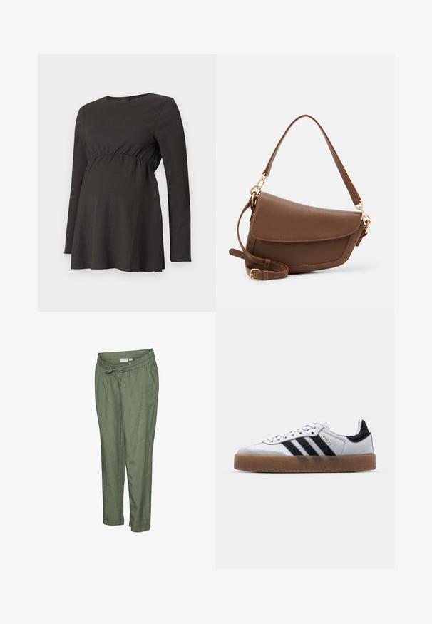 Haut de maternité noir à manches longues avec taille froncée et légère évasement sous la poitrine, fabriqué en tissu texturé.; Pantalon léger de couleur vert olive avec une coupe décontractée. Caractérisé par une taille élastique avec cordon de serrage, des ourlets retroussés et des poches latérales.; Baskets en cuir blanc avec des rayures noires, semelle extérieure en caoutchouc beige, bout rond, fermeture lacée et embout en suède gris doux.; Sac à épaule en cuir marron avec une finition texturée, forme courbée, quincaillerie dorée, bandoulière réglable et fermeture à rabat.