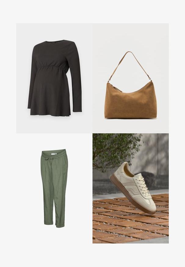 Haut de maternité noir à manches longues avec taille froncée et légère évasement sous la poitrine, fabriqué en tissu texturé.; Pantalon léger de couleur vert olive avec une coupe décontractée. Caractérisé par une taille élastique avec cordon de serrage, des ourlets retroussés et des poches latérales.; Baskets couleur crème avec une semelle extérieure en caoutchouc beige texturée, un design à lacets et un marquage subtil sur le côté. Tige en cuir lisse.; Sac à bandoulière en daim marron avec une seule sangle et une fermeture éclair supérieure, présenté sur un fond blanc uni.