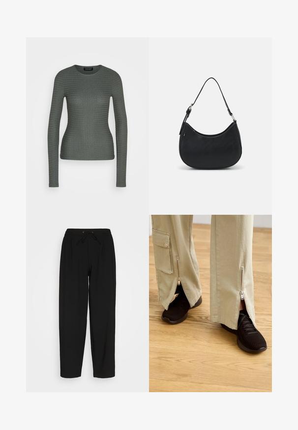 Langärmliges Oberteil mit Rundhalsausschnitt in dunkelgrün, aus strukturiertem Stoff mit geripptem Muster. Enganliegende Form, dezentes Design und keine sichtbaren Hardwareelemente.; Schwarze Sweatpants mit einem elastischen Bund und Kordelzug. Mit einem lockeren Schnitt und geradem Bein-Design. Aus weichem Stoff ohne Muster.; Beige weite Hosen mit Reißverschlüssen an den Knöcheln, kombiniert mit schwarzen Sportschuhen mit strukturiertem Obermaterial und gepolsterter Sohle.; Schwarze Hobo-Tasche aus glattem Leder mit einer geschwungenen Silhouette, ausgestattet mit einem einzelnen verstellbaren Trageriemen und minimalistischem Design.