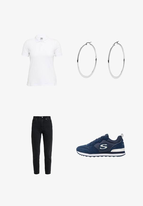 Polo blanc à manches courtes en coton texturé. Doté d'un col classique et d'une patte à trois boutons. Coupe décontractée avec un ourlet droit.; Jean en denim noir taille haute avec bouton et fermeture éclair à l'avant, deux poches avant et jambe fuselée sur fond blanc.; Baskets de sport bleu marine en matériaux en daim et en mesh, présentant un logo argenté proéminent, une tige texturée et une semelle intermédiaire blanche.; De grandes boucles d'oreilles en argent avec une finition métallique polie, présentant un design circular lisse et un fermoir à clip sécurisé.