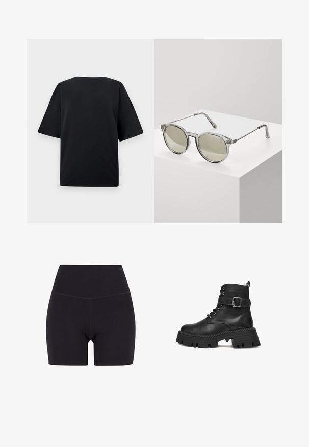 Zwarte oversized T-shirt met korte mouwen en een ronde hals, weergegeven tegen een effen lichtgrijze achtergrond.; Zwarte high-waisted shorts gemaakt van rekbaar materiaal. Voorzien van een elastische tailleband, een gladde textuur en een lengte tot halverwege de dij met een naadloos ontwerp.; Zwarte leren enkelboot met dikke profielzool, vetersluiting aan de voorkant, decoratieve band met zilveren gesp en trekhaak op een witte achtergrond.; Ronde zonnebrillen met transparante grijze monturen en grijs-getinte lenzen. Metalen accenten op de veren en gebogen armen voor stabiliteit.