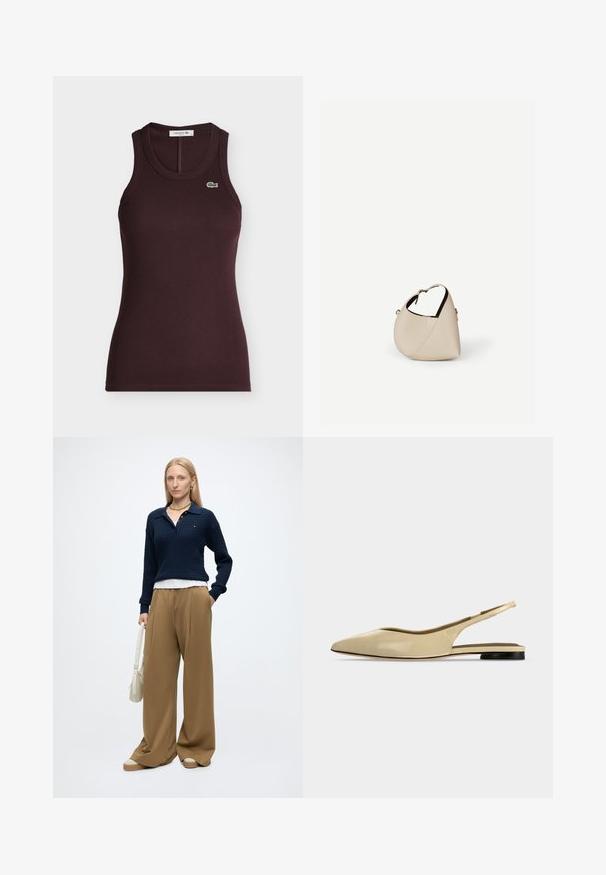 Débardeur côtelé marron foncé sans manches avec un col rond et un petit logo crocodile vert sur la poitrine gauche.; Femme aux cheveux blonds raides portant un pull bleu marine, un pantalon large beige, des chaussures beiges, des bijoux en or, et tenant un sac à main blanc avec une main dans la poche.; Chaussure plate beige à bout pointu avec bride arrière, petit talon noir et finition en cuir lisse, vue de côté sur un fond uni.; Sac à main en cuir beige en forme de croissant avec une seule bandoulière et des coutures minimalistes, posé sur un fond blanc uni.