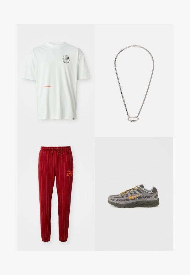 Hvid kortærmet t-shirt med et sort-hvidt abstrakt fossil-design på venstre bryst og orange tekst "Texas Fossils" på fronten.; Røde stribede sweatpants med elastisk talje og snøre. Har "JUST DO IT" broderet i orange. Blødt stof med tapered ben design.; Grå ruskindssneaker med gyldne accenter, teksturerede paneler og matchende snørebånd. Har en polstret sål og logodetalje på siden.; Sølv kædehalssmykke med en glat oval lukning og en tekstureret detalje. Leddene er ensartede og polerede, hvilket giver et strømlinet udseende.