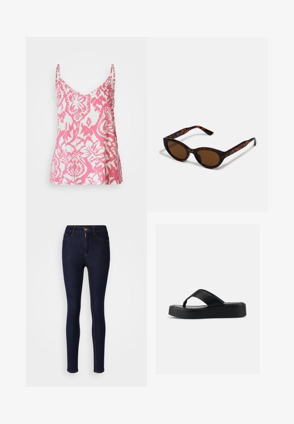 Camiseta sin mangas de patrón rosa y blanco con tirantes finos, que presenta un escote en V y un corte holgado, fabricada en tejido ligero.; Jeans skinny azul oscuro de mezclilla, con cierre de cremallera y botón, y costuras en contraste a lo largo de las costuras.; Sandalia tipo chancleta negra con plataforma, correa ancha de cuero y suela acolchada, vista lateral sobre un fondo liso y claro.; Gafas de sol de carey marrón con una forma vintage de ojo de gato y lentes marrones. Presentan brazos curvados con acentos rojos.