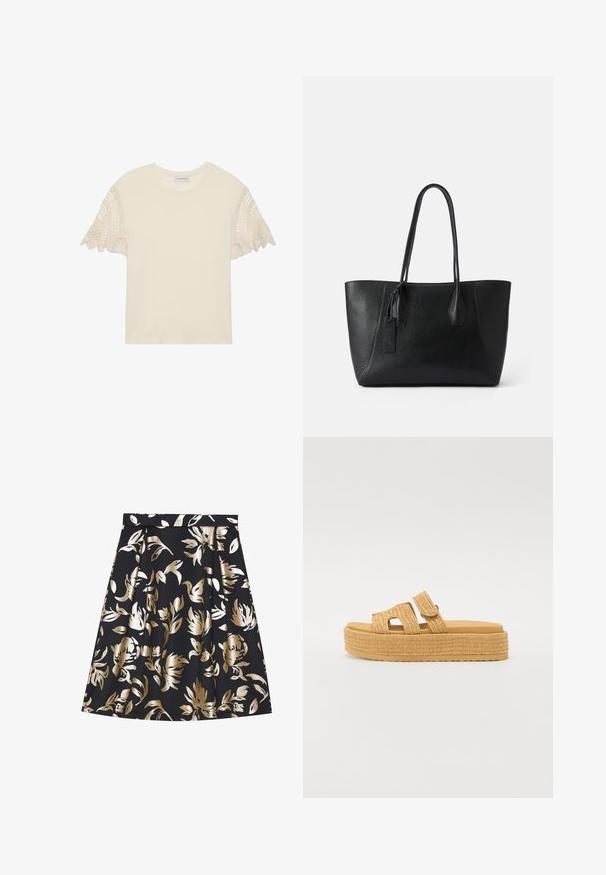 Crème-kleurig T-shirt met korte mouwen, voorzien van ingewikkelde beige haakwerkaccenten. Zachte katoenstof, ronde halslijn, relaxte pasvorm.; Anna Field A-lijn rok - black; Steve Madden BIGMISSILE - Pantoffels - beige; Zwarte lederen totebag met een gestructureerd oppervlak, een langwerpige vorm, twee stevige handvatten en een klein decoratief label aan de zijkant.