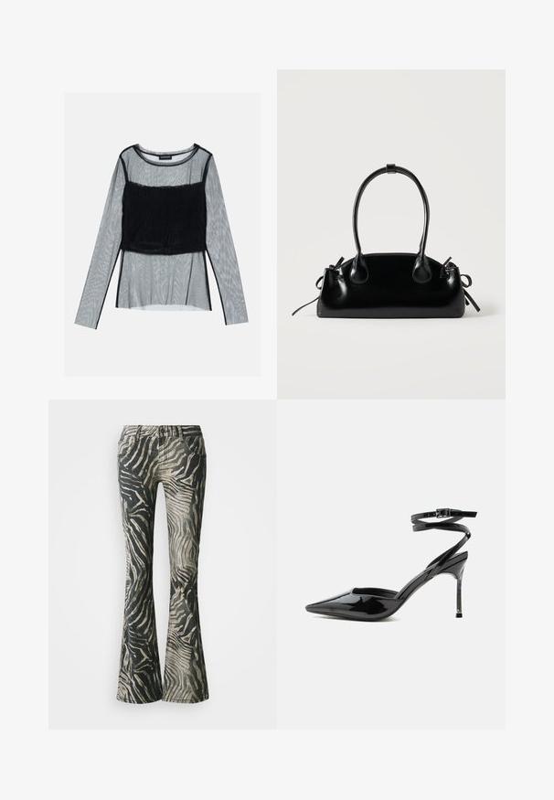 Sort mesh langærmet top med en tætsiddende rynket skærm og en tekstureret overlay, rund halsudskæring og gennemsigtige ærmer.; Bredde jeans i et sort og beige zebra mønster, fremstillet af denim materiale, med fem-lomme design og synlige syninger.; Sort laklæder spids tå stilet hæl med tynde ankremme og lille spænde.; Lille sort blank håndtaske med to lange håndtag og snøre-detaljer i siden på en ensfarvet lys baggrund.