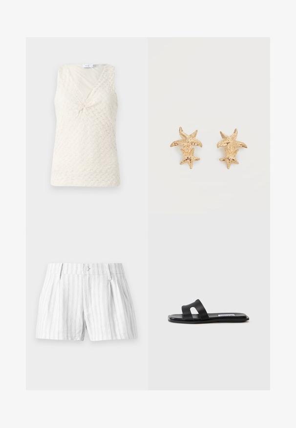 Haut blanc sans manches avec un motif texturé et un détail en torsion à l'avant. Il présente un décolleté en V et un tissu doux et fluide.; Shorts en coton blanc avec des rayures verticales gris clair, dotés d'une fermeture à bouton, de plis et de poches latérales. Design simple et décontracté.; Sandale plate noire avec deux larges brides, un détail découpé sur une des brides et une finition lisse mate. Semelle fine et flexible.; Boucles d'oreilles dorées présentant deux formes d'étoiles de mer texturées, une plus grande et une plus petite, sur chaque boucle d'oreille sur fond blanc.