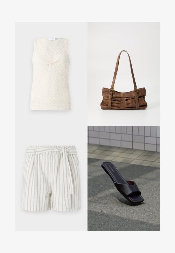 Haut blanc sans manches avec un motif texturé et un détail en torsion à l'avant. Il présente un décolleté en V et un tissu doux et fluide.; Shorts blancs à rayures avec des rayures grises, taille élastique et détail de nœud à l'avant. Tissu léger avec une coupe décontractée.; Sandale slide marron foncé à bout carré et large bride, posée sur un goudron gris près d'un trottoir carrelé.; Even&Odd by Zalando Sac à main - brown