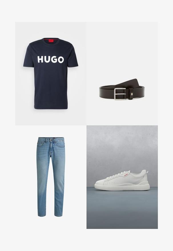 Tummansininen puuvillapaita, jossa on suuri valkoinen "HUGO" -logo edessä, pyöreä pääntie ja lyhyet hihat. Punainen sisämerkki yksityiskohtana.; Vaaleansiniset farkut suoralla lahkeella, viiden taskun mallilla ja lievällä haalistuksella. Niissä on napillinen kiinnitys ja vyölenkit.; Valkoiset sneakerit, joissa on sileä nahkapinta, pyöreä kärki, neljä silmukkaa, huomaamattomat rei'itykset ja punainen logo yksityiskohta sivussa.; Ruskea nahkavyö, jossa on suorakulmainen hopeametallinen solki. Sileä pinta ja siisti muotoilu, jonka lähellä solkea on pieni koriste.
