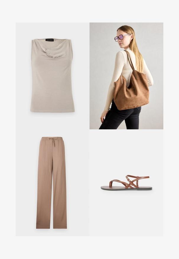 Beige dames top zonder mouwen met gedrapeerde halslijn, gemaakt van zachte stof, met het label "Anna Field" aan de binnenkant van de kraag.; Beige wijde broek met elastische tailleband en trekkoord, gemaakt van lichtgewicht stof, plat neergelegd tegen een witte achtergrond.; Bruine leren platte sandalen met kruislingse banden, open teenontwerp en een gespsluiting rond de enkel. Zachte textuur en minimalistische stijl.; Bruine suède totebag met zachte textuur, grote opening en lange hengsels. Het heeft een eenvoudig ontwerp met zichtbare stiksels en geen hardware.