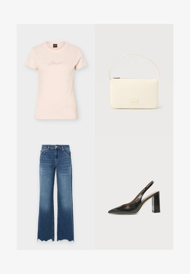 T-shirt pour femme beige clair à manches courtes avec col rond et inscription "Boss" en petit script pointillé sur la poitrine.; Jean flare en denim bleu moyen, avec un ourlet effiloché, cinq poches et une fermeture avant à boutons.; Chaussure slingback en cuir noir à bout pointu avec un talon bloc haut et une doublure intérieure beige sur un fond clair uni.; Sac à main rectangulaire de couleur crème avec une seule sangle et une fermeture éclair sur le dessus, comportant une petite plaque de logo embossé à l'avant.
